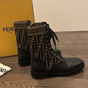 Fendi Black and Tan Lace Up Boots